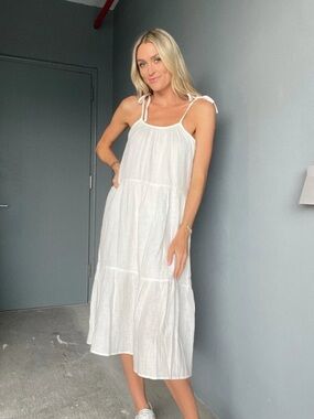 Altar’d State Tie Shoulder White Gauze Dress (S) Tiered Mini Boho Cottagecore